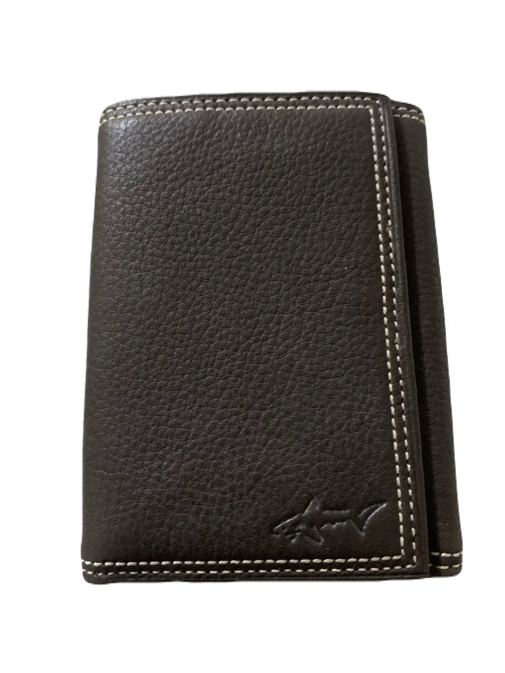 Greg Norman Dark Brown Contrast Stitch Genuine Leather Trifold Wallet USA Made